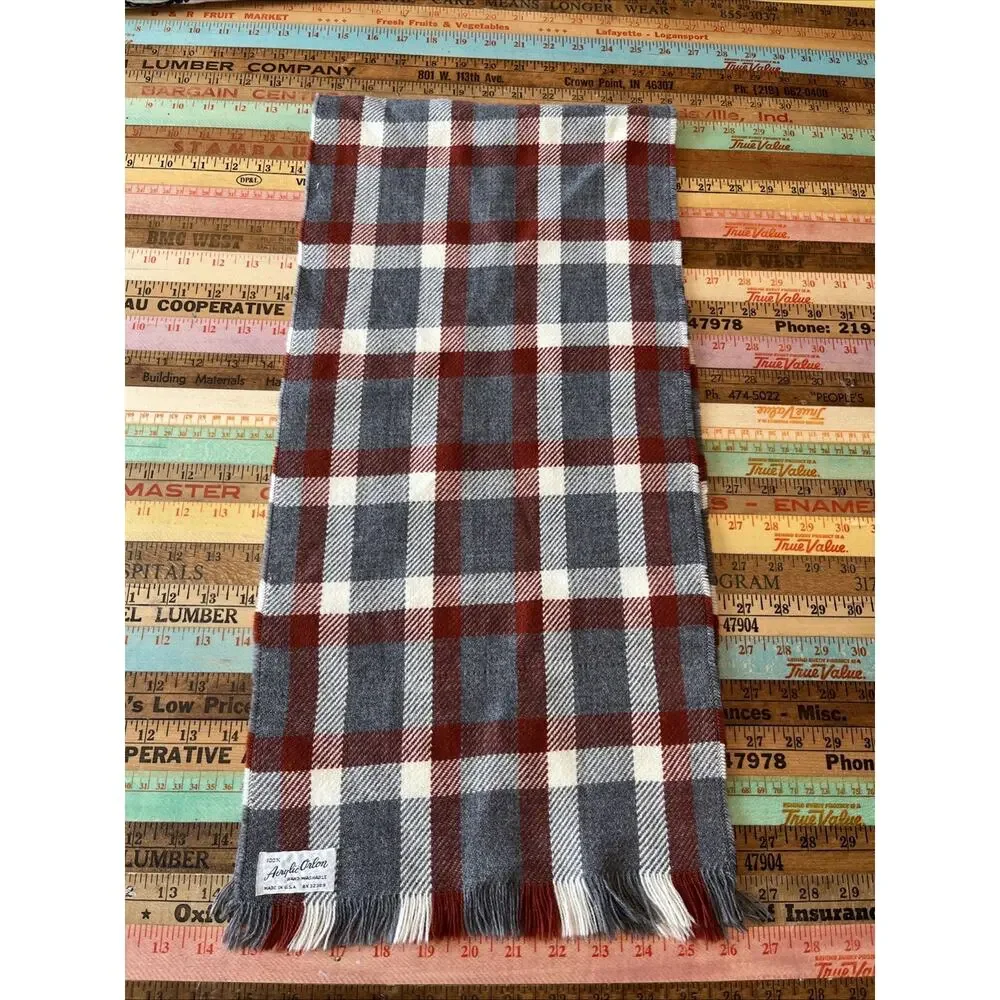 Vintage Plaid Scarf Orange Gray Orlon Made In USA Checkered 1950s 50X11